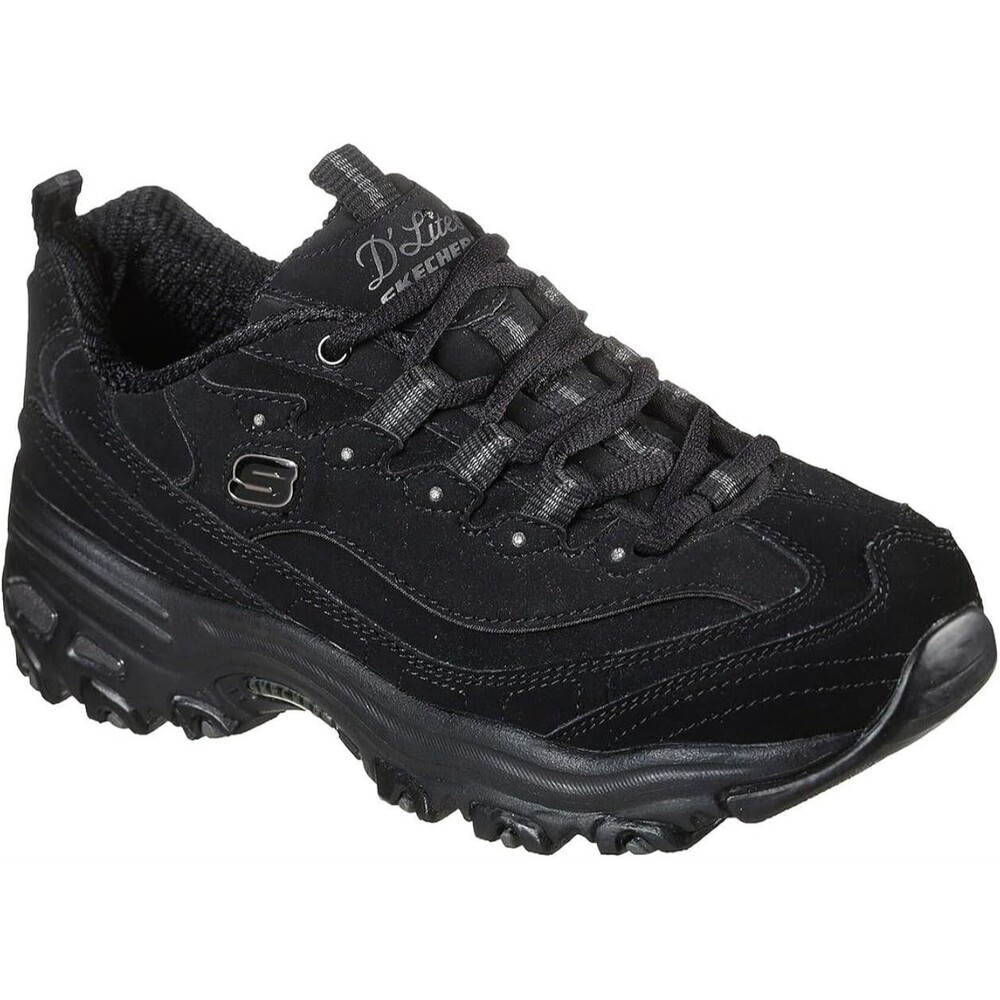 Skechers D’Lites Size 8.5 Wide Triple Black Leather Sneakers Womens Shoes 11949